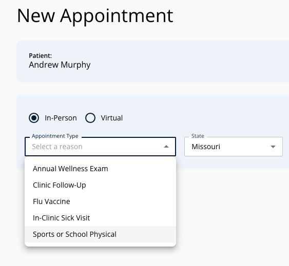 Appointment type dropdown